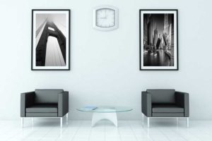 Framed Black and White Bridge Photos in Waiting Room