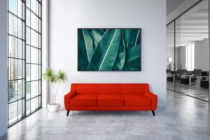 Waiting Room with Red Couch and Framed Green Photo